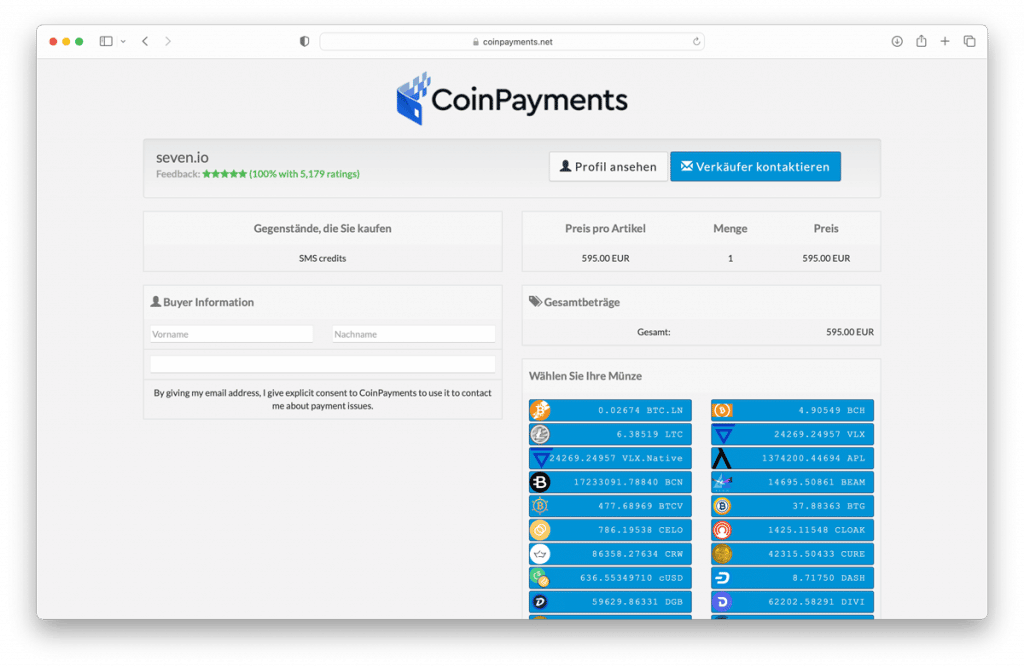 Besipeil CoinPayments Bezahlen mit Kryptowährung