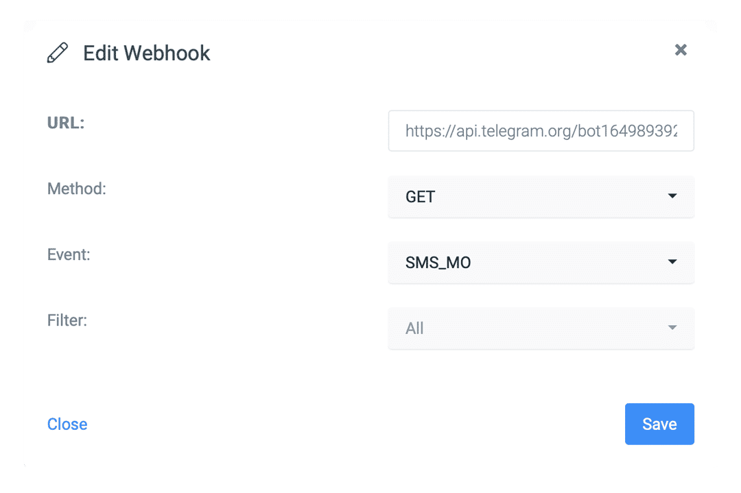 In the Webhook settings, configure the forwarding of the SMS to Telegram