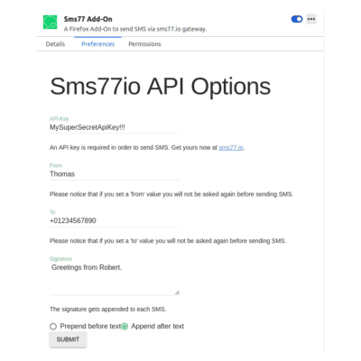 Einstellungen im Firefox-Add-on  von SMS77